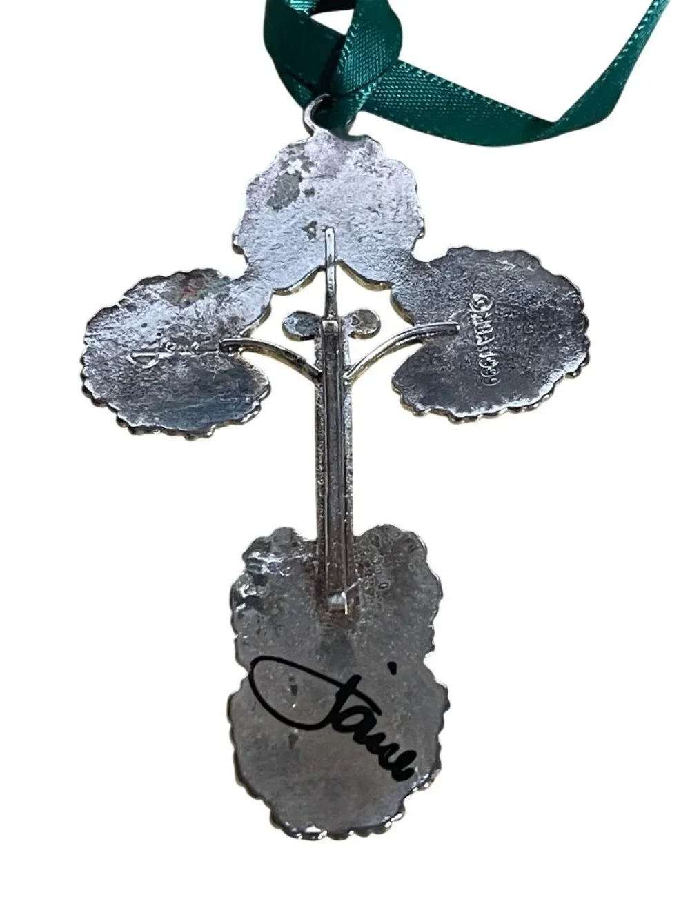 Two Christmas Ornaments Pewter Angel & Trinity Cross Design Signed Jane VTG 2000